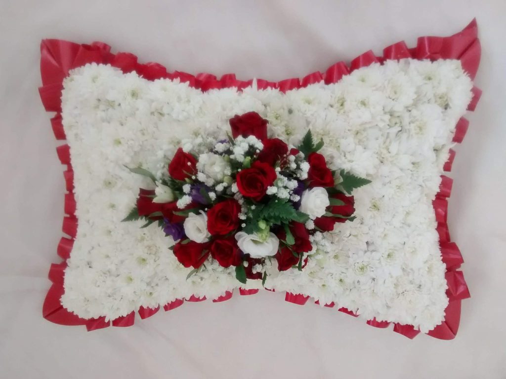 Red & White Pillow Tribute – Traditional Funeral Floral Cushion