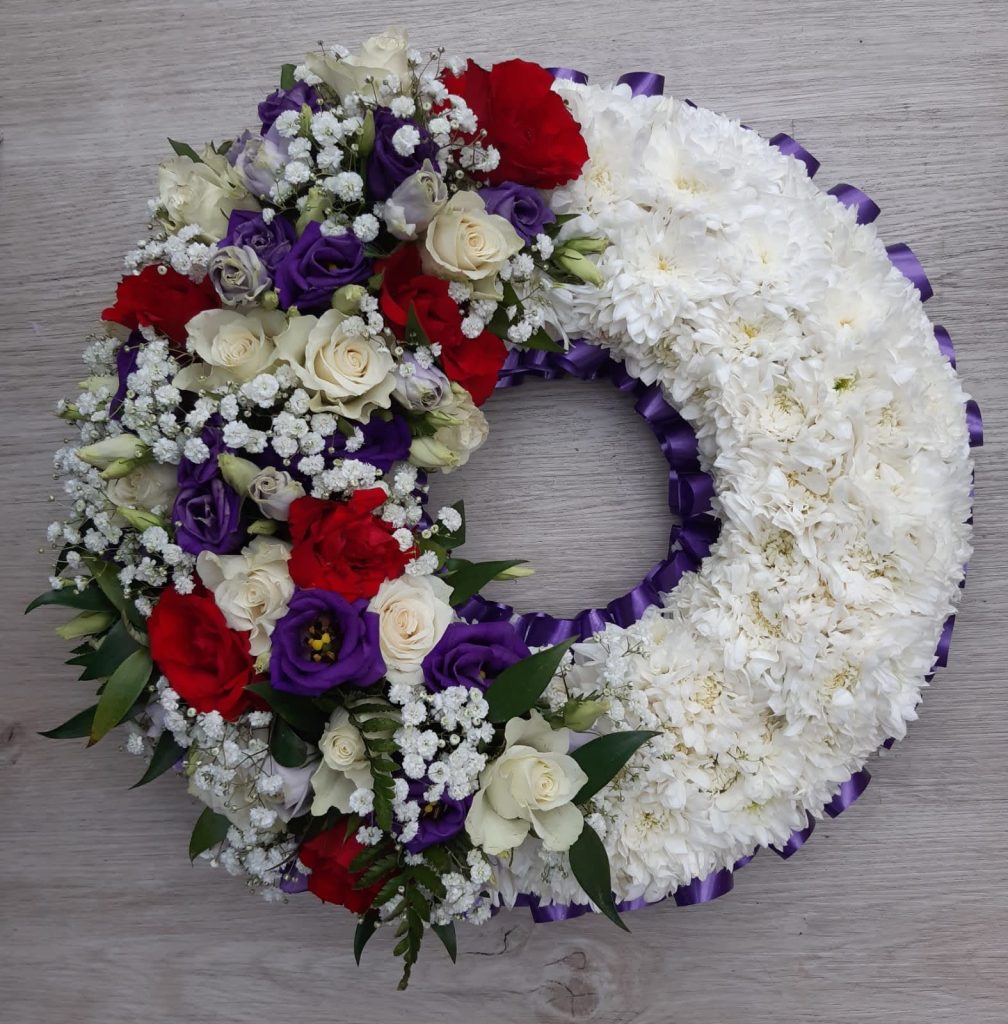 Open Posy Funeral Tribute – Flat Round Floral Arrangement