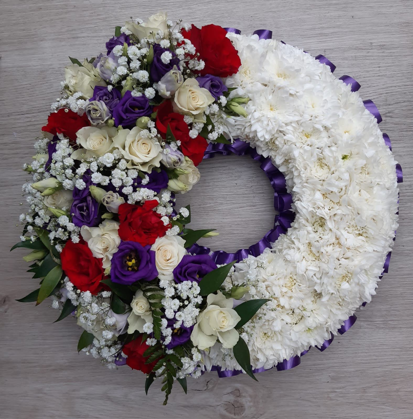 Open Posy Funeral Tribute – Flat Round Floral Arrangement