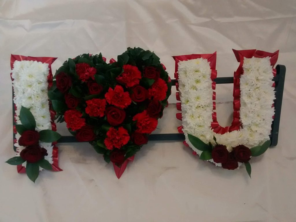 Letters & Heart Funeral Tribute – Personalised Floral Lettering with Red Rose Heart
