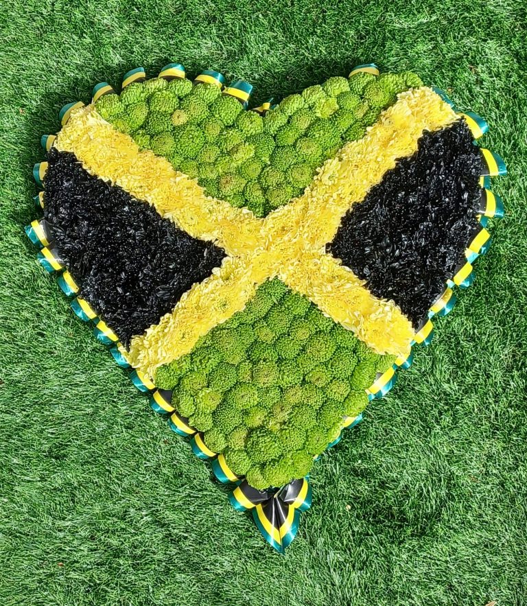 Jamaican Heart Floral Tribute – Caribbean Flag-Inspired Funeral Arrangement