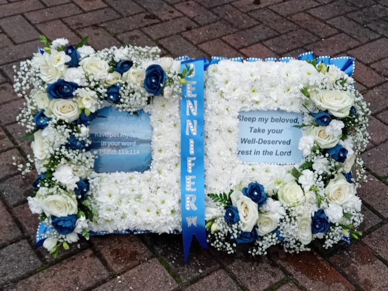 Prayer Book Funeral Tribute – Open Floral Bible Arrangement