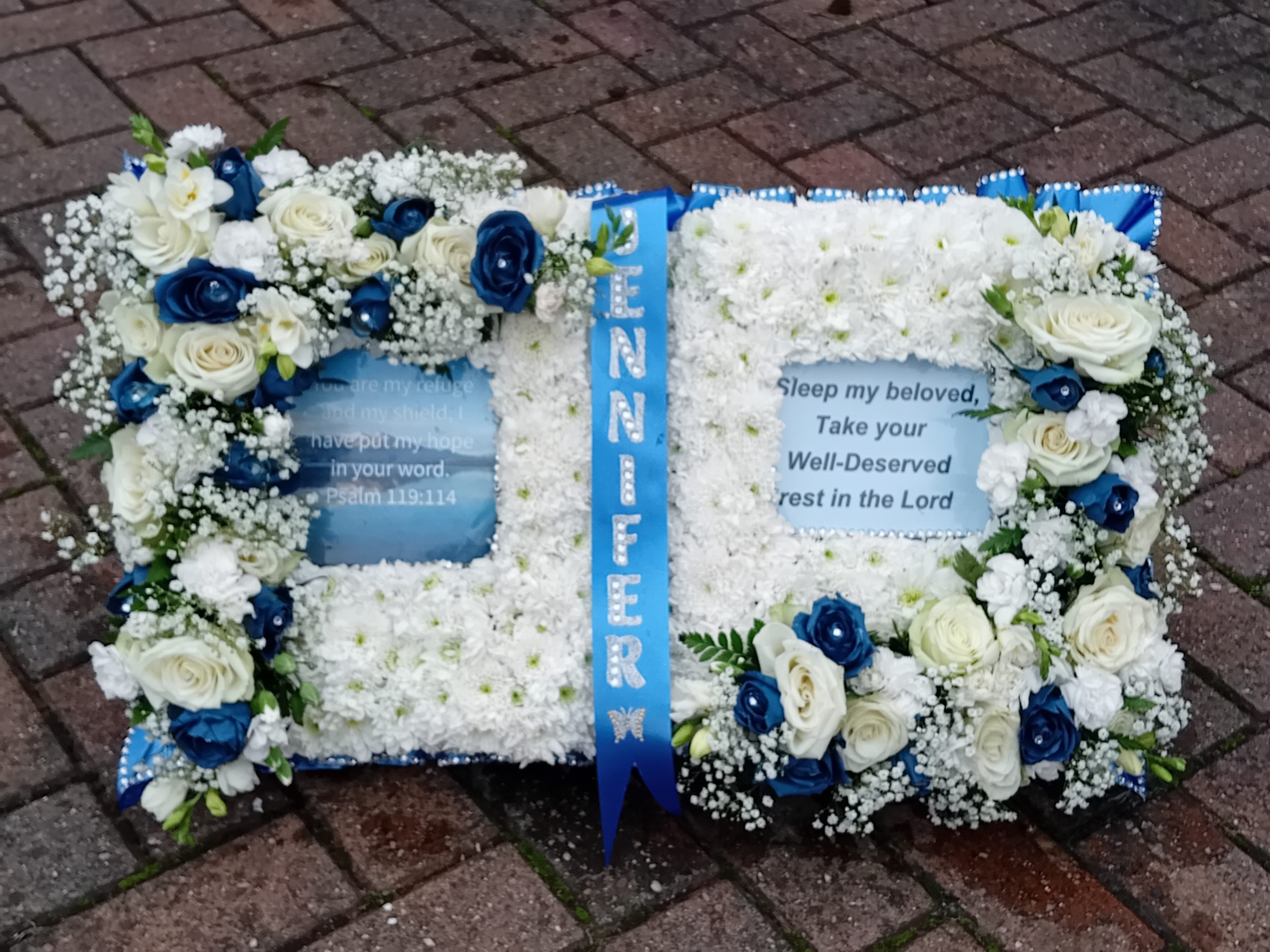 Prayer Book Funeral Tribute – Open Floral Bible Arrangement